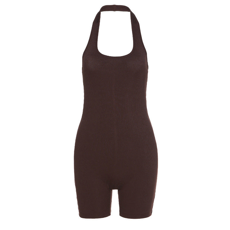 Pure Color Sexy Halter  Short Sports Jumpsuit