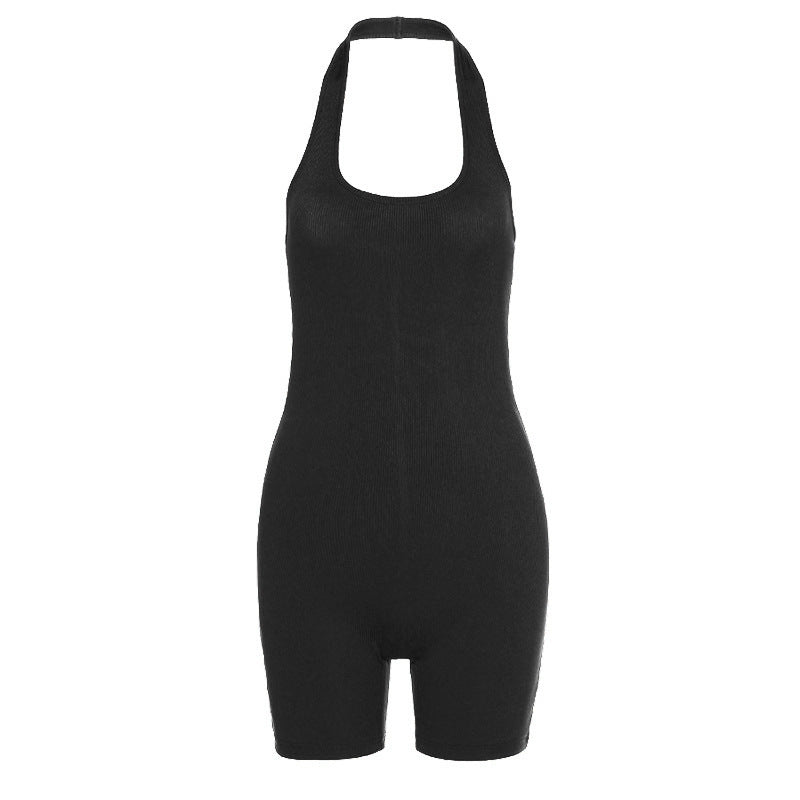 Pure Color Sexy Halter  Short Sports Jumpsuit