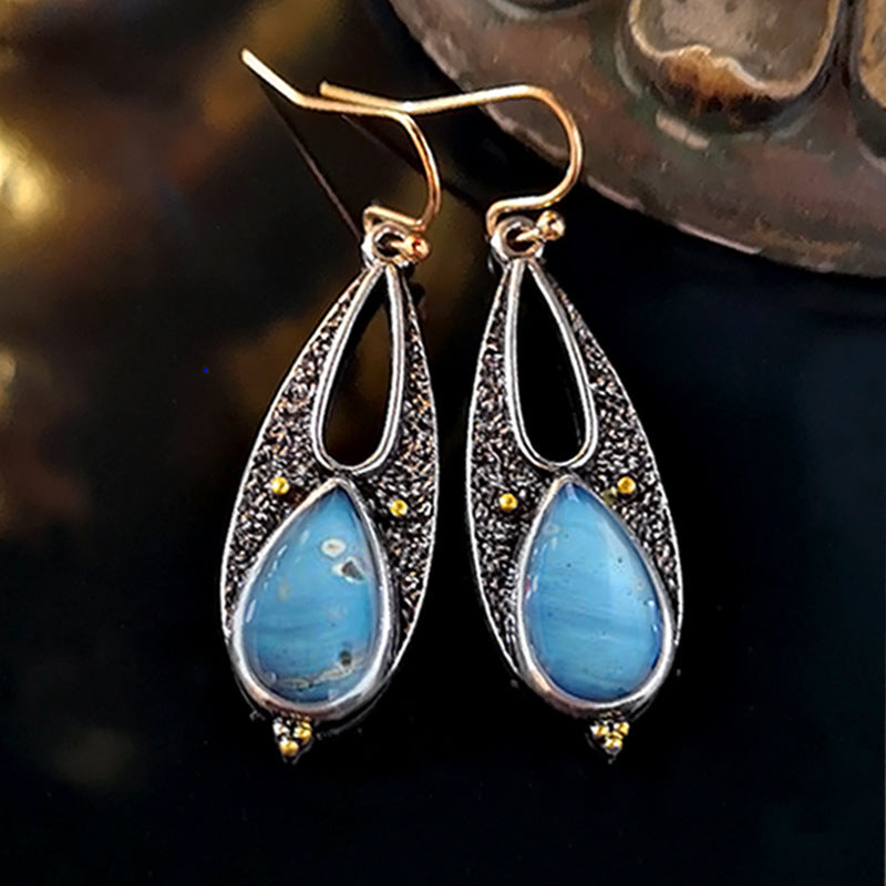 Vintage Tear Drop Blue Resin Earrings for Women Boho Ethnic Tribal Handmade Metal Dangle Long Pendant Earring Brincos