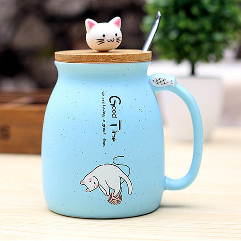 Color Cartoon Tea Cup With Lid Kitten Ceramic Mug