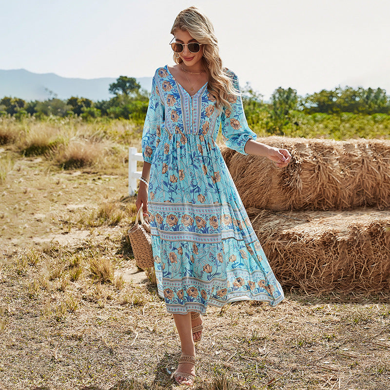 V-Neck High Waist Bohemian Mid-Length Dress