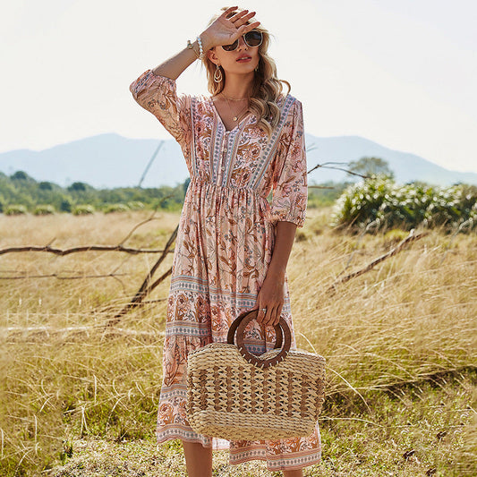 V-Neck High Waist Bohemian Mid-Length Dress