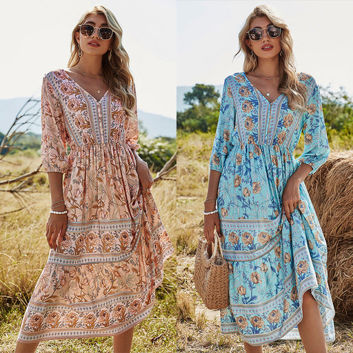 V-Neck High Waist Bohemian Mid-Length Dress