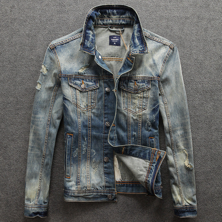 Autumn Retro Distressed Men's Denim Jacket Foreign Trade Jacket Slim Ripped Denim Jacket