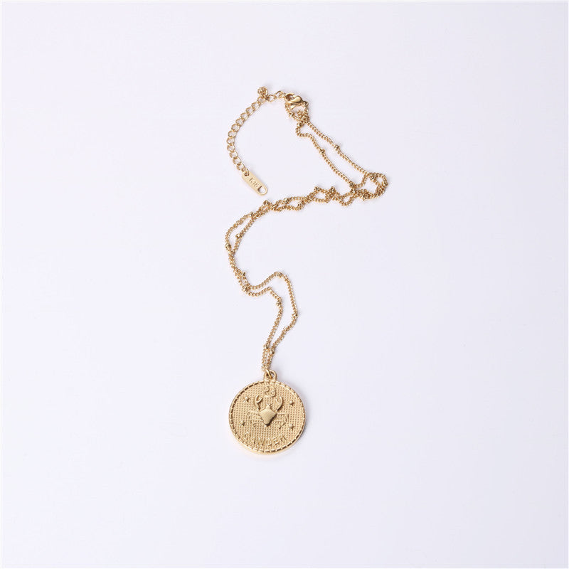 Twelve 12 Constellation Coin Necklace Female Double-sided Gold Coin Pendant Trendy Net Red Student Clavicle Chain Necklace Titanium Steel