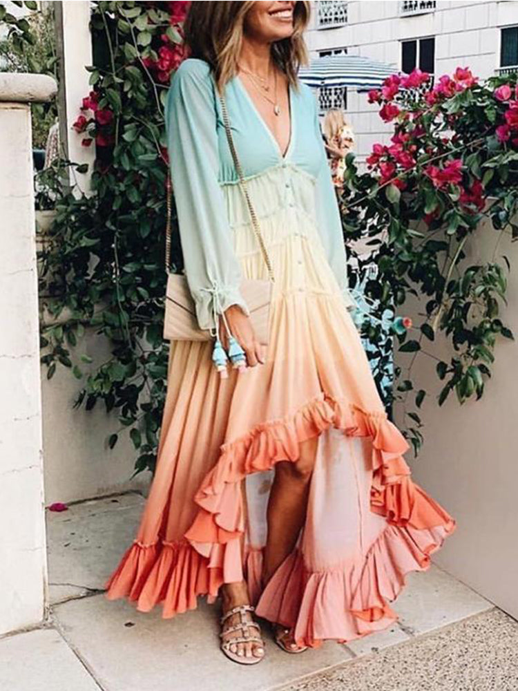 2020 Summer And Winter European And American Foreign Trade Women's Ebay Amazon Deep V Long-sleeved Gradient Printing Dress Long Skirt