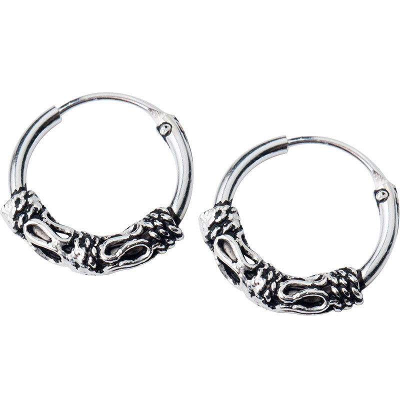 Ailuoqi S925 White Fungus Buckle Retro Thai Silver Pattern Small Earrings Personality Ethnic Style Ear Bone Nail Jewelry