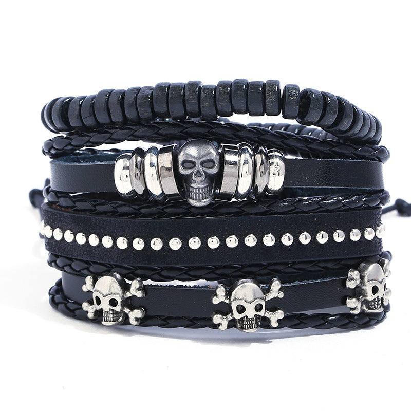 Skull Beaded Vintage Cowhide Bracelet Men'S Woven Diy Suit Leather Bracelet