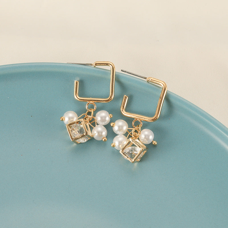 Pearl Cube Crystal Zircon Earrings