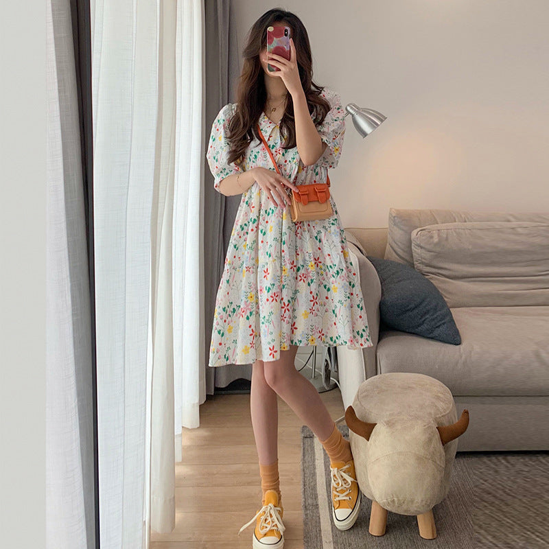 Sweet Floral Dress Women\'s Summer 2021 New Spring French Loose Baby Collar Bubble Sleeve Skirt Summer