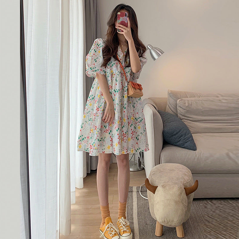 Sweet Floral Dress Women\'s Summer 2021 New Spring French Loose Baby Collar Bubble Sleeve Skirt Summer