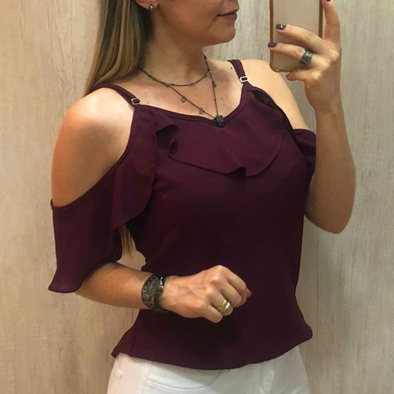 Sling Ruffles Short Sleeve Blouse Women Summer  Clothes