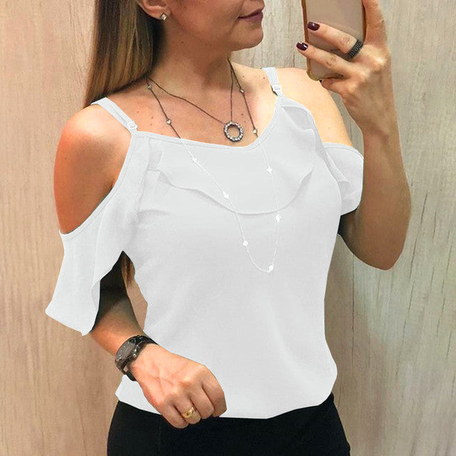 Sling Ruffles Short Sleeve Blouse Women Summer  Clothes