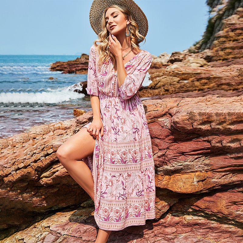 V-Neck High Waist Bohemian Mid-Length Dress