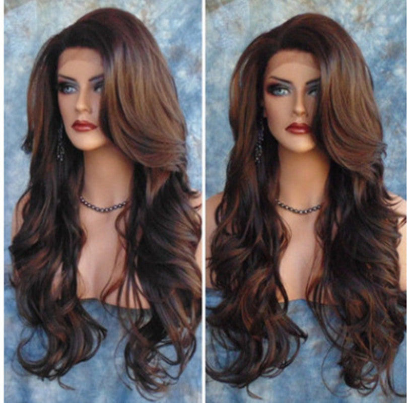 Fashion Lady's Long Curly Hair Brown Highlighting Chemical Fiber Headgear