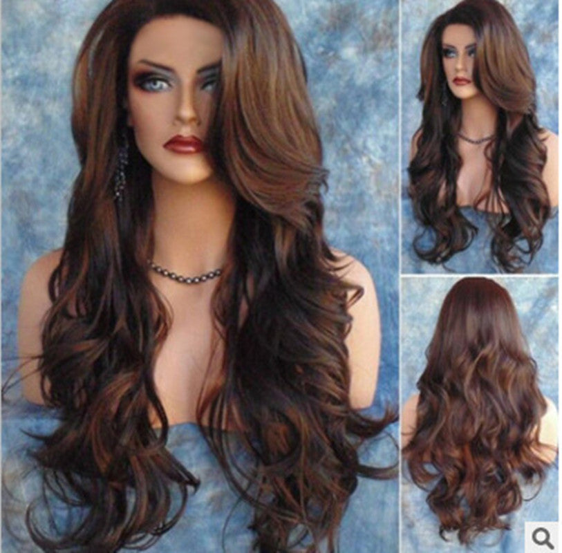 Fashion Lady's Long Curly Hair Brown Highlighting Chemical Fiber Headgear