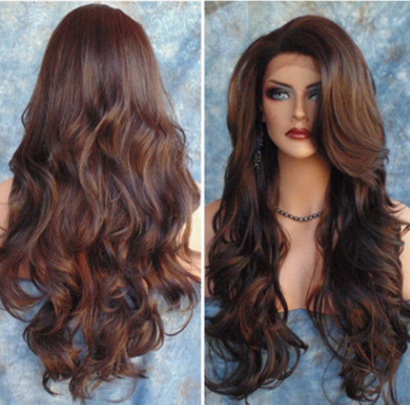 Fashion Lady's Long Curly Hair Brown Highlighting Chemical Fiber Headgear