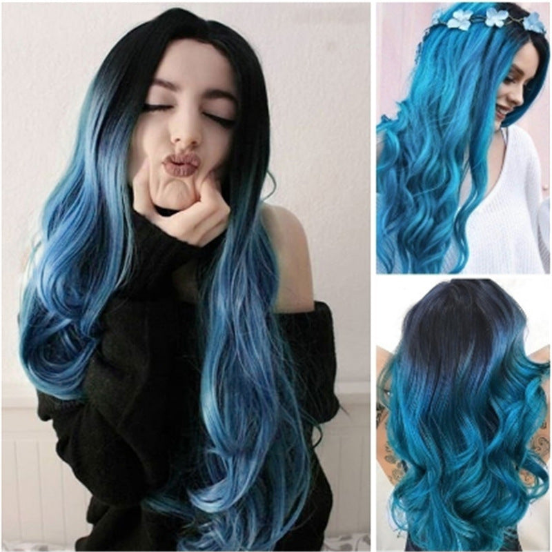 Ladies Black And Blue Gradient Mid-length Curly Hair