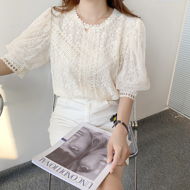 French Hollowed-out Lace Top In Pure Color With Short Sleeves