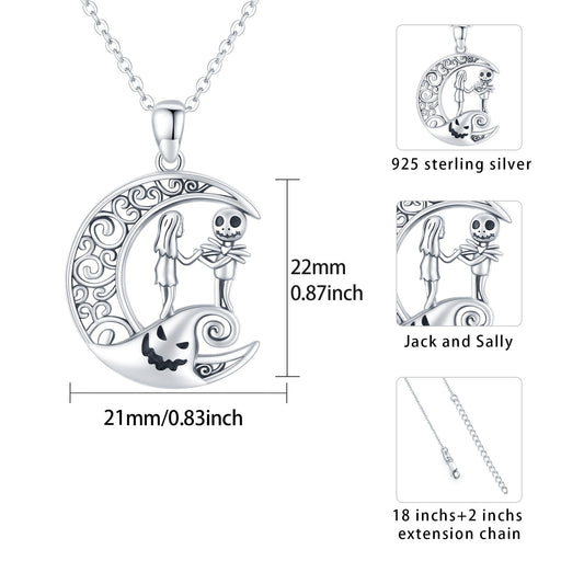 Nightmare Before Christmas Necklace 925 Sterling Silver Hypoallergenic Jack And Sally Celtic Crescent Moon Pendant Necklace For Women Girls