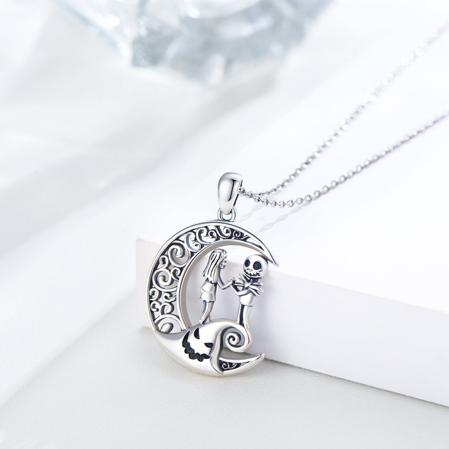 Nightmare Before Christmas Necklace 925 Sterling Silver Hypoallergenic Jack And Sally Celtic Crescent Moon Pendant Necklace For Women Girls