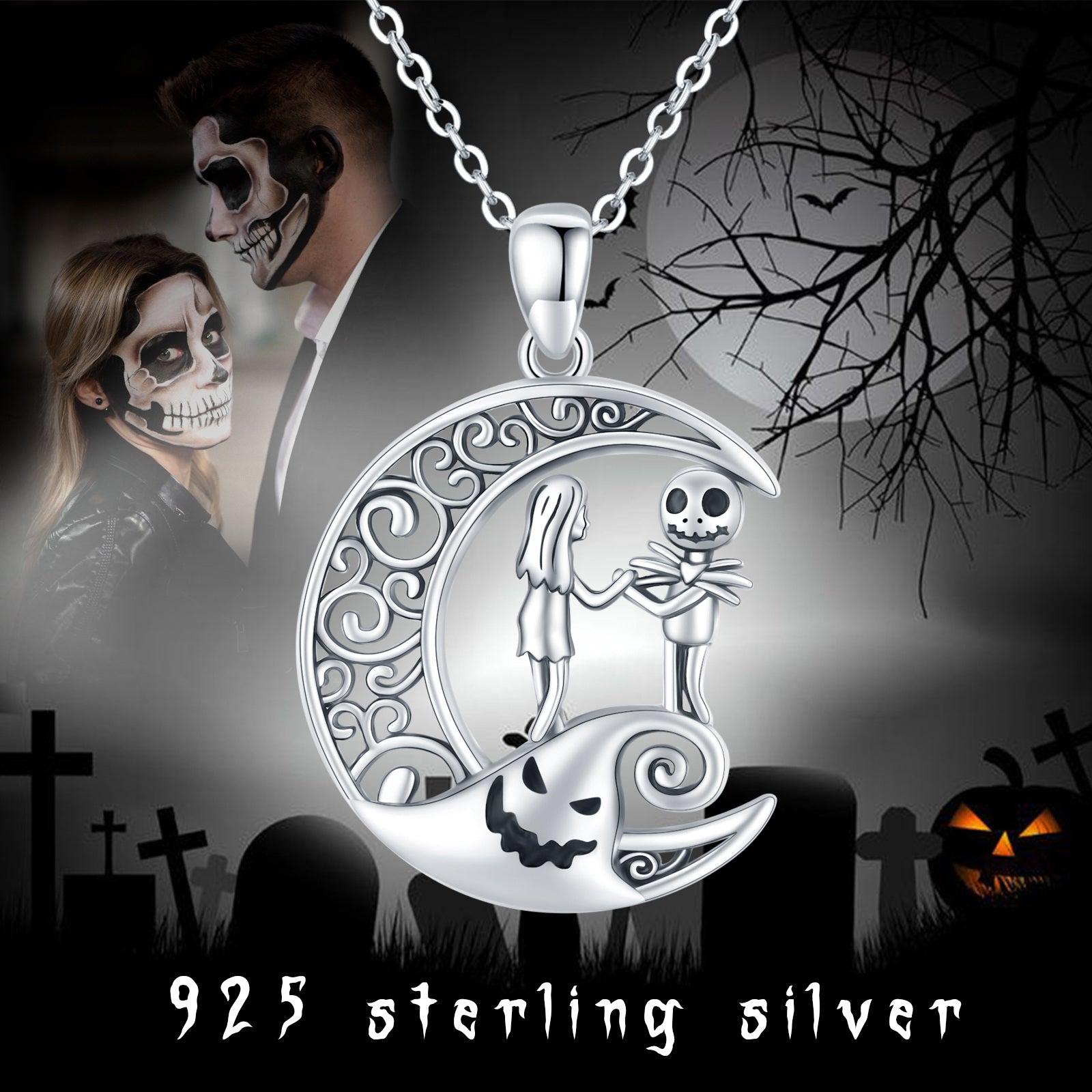 Nightmare Before Christmas Necklace 925 Sterling Silver Hypoallergenic Jack And Sally Celtic Crescent Moon Pendant Necklace For Women Girls