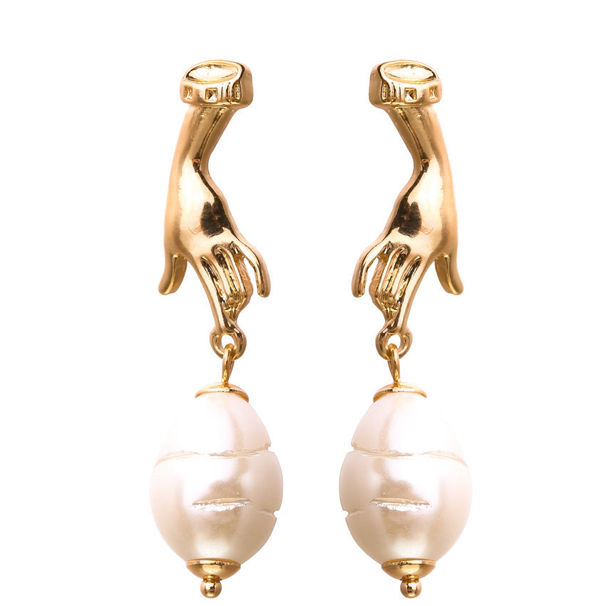 Abstract Cutout Hand Palm Pearl Dangle Earrings Gold Filled