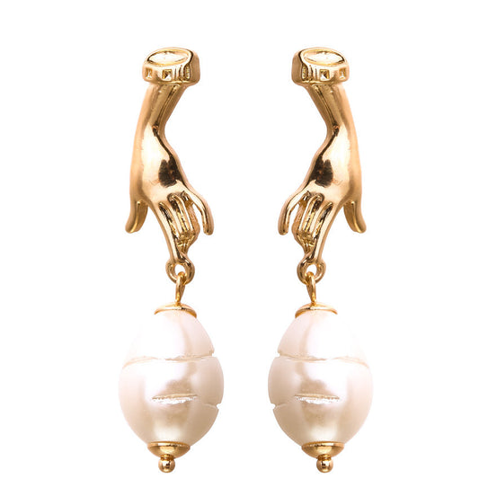 Abstract Cutout Hand Palm Pearl Dangle Earrings Gold Filled