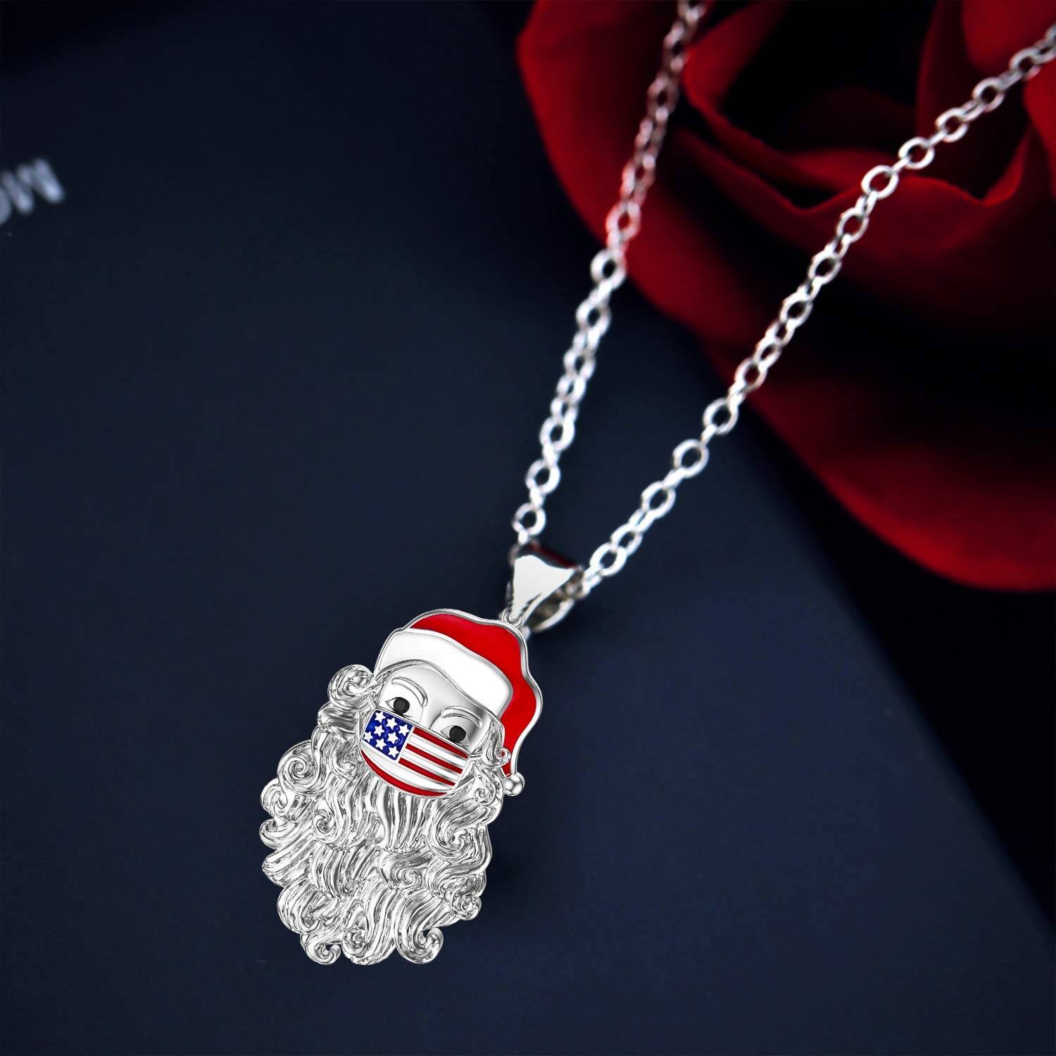 Santa Wearing a Face Mask Necklace Enamel Santa Claus with Mask Christmas Pendant Jewelry