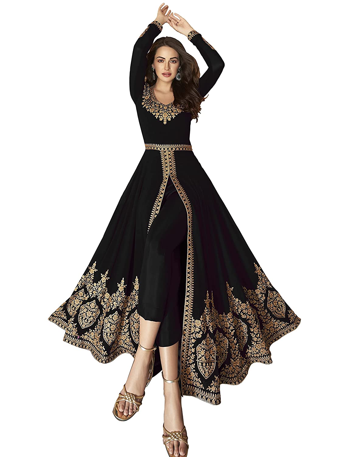 Women Georgette Dupatta Embroidered Front Slit Anarkali Dress WITH HAND WORK MADE IN INDIA FROM INDIA WHOLESALE DROPSHIPPING WEDDING DRESS PARTY DRESS FREE SIZE BEAUTIFULL EMBROIDERY HIGH GRA