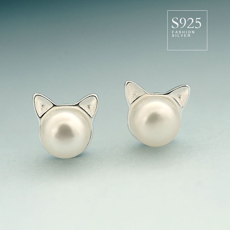 925 sterling silver natural freshwater pearl sprouting cat cat ears earrings