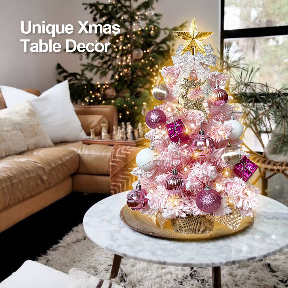 2ft Mini Christmas Tree With Light Artificial Small Tabletop Christmas Decoration With Flocked Snow, Exquisite Decor & Xmas Ornaments For Table Top For Home & Office