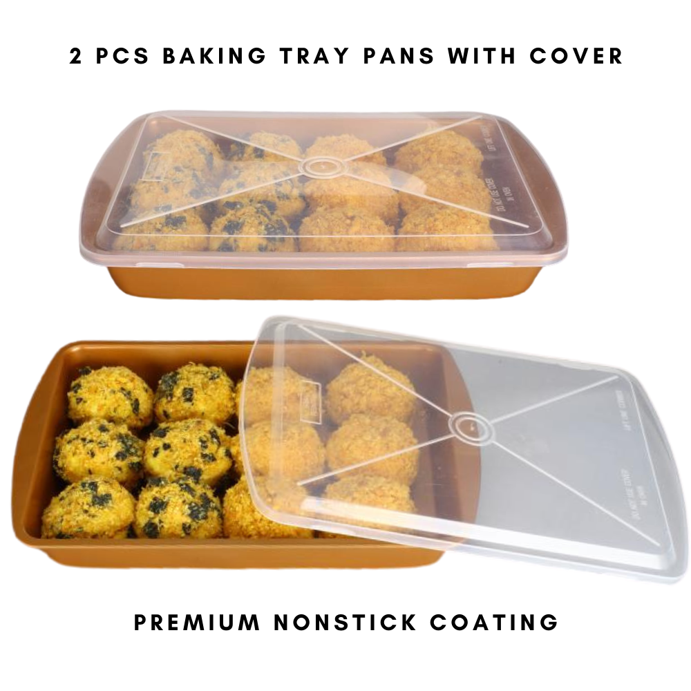 Rectangle Cake Pan With Lid - 2 Sets Toxic Free NONSTICK Baking Roasting Tray Pans With Covers - Organic Environmental Friendly Premium Coating - Durable Quality - 2 X BAKEWARE SET