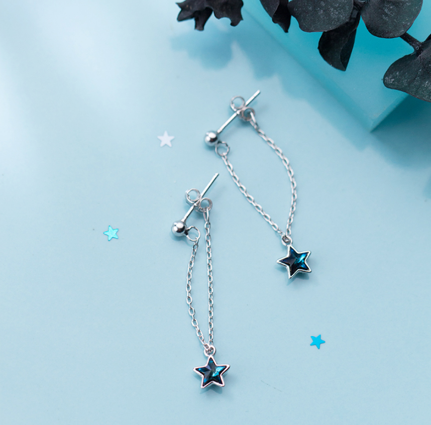 Blue diamond five-pointed star sweet back-hanging earrings