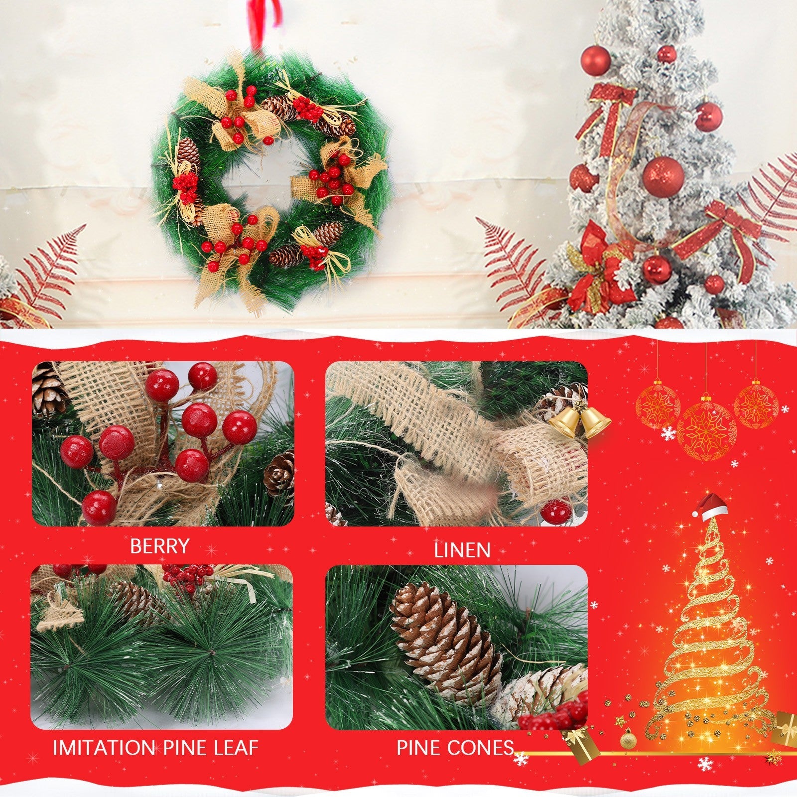 12 Inch Christmas Wreath For Front Door, Artificial Christmas Door Wreaths