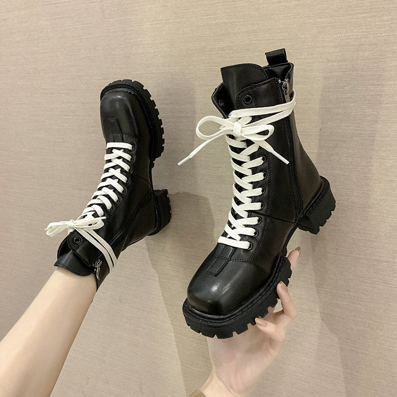 Autumn new style lace up motorcycle boots with side zipper and square head