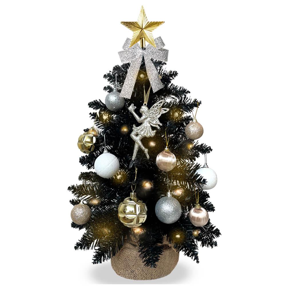 2ft Black Mini Christmas Tree With Light Artificial Small Tabletop Christmas Decoration, Exquisite Decor & Xmas Ornaments For Table Top For Home & Office