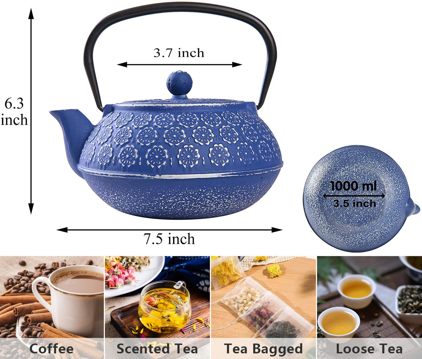 3.5Lbs  34oz Tea Kettle, Japanese -style Cast Iron Teapot With 304 Stainless Steel Infuser For Loose Leaf Tea