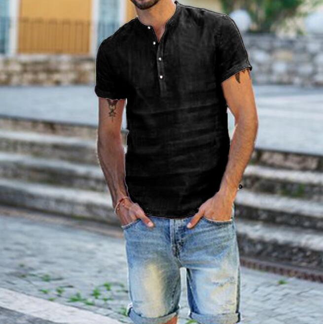 Summer Short sleeved Shirts Men 100% Linen White Solid Color Slim Fit Plus Size Collarless Tops