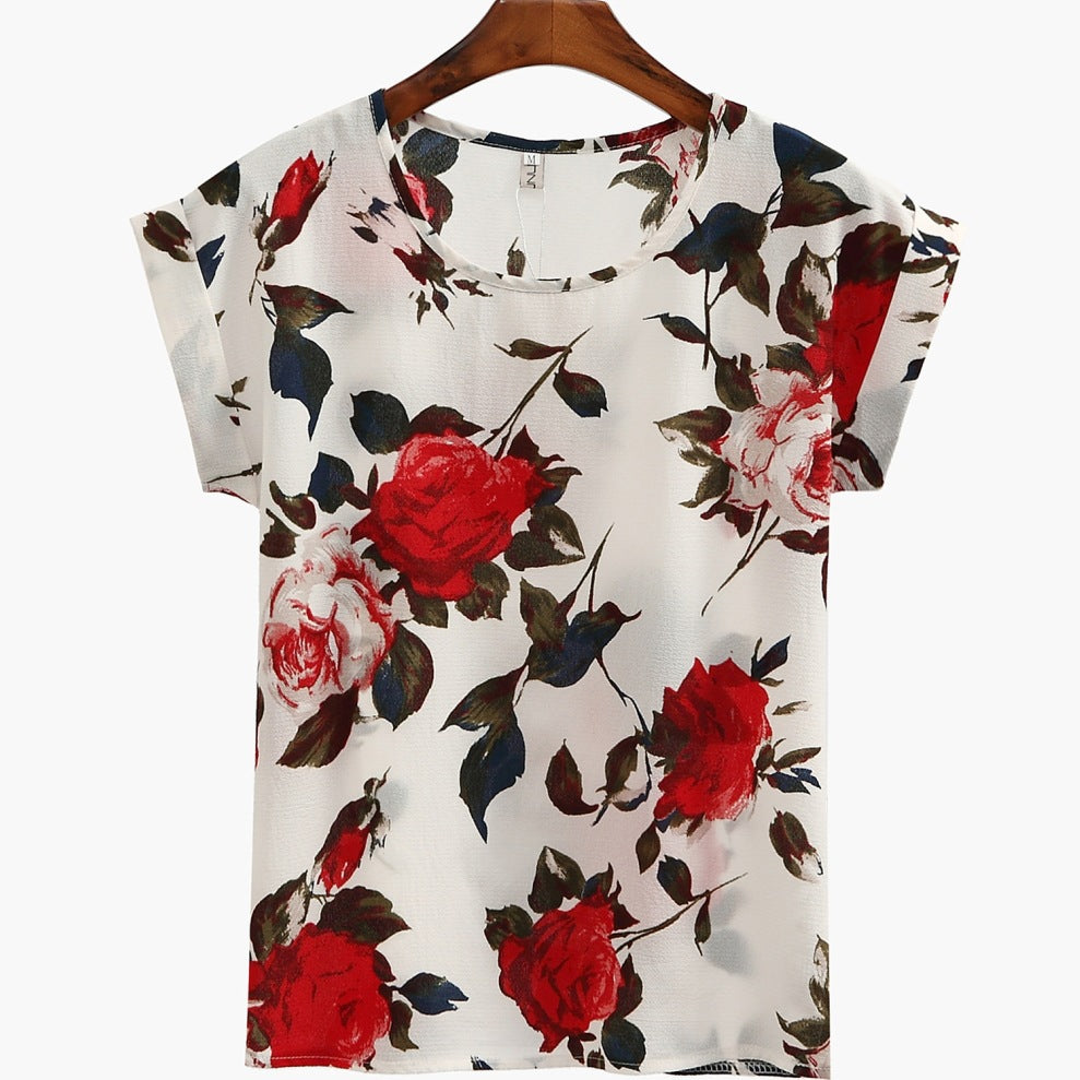 Women's Plus Size Printed Short-sleeved Chiffon Shirt T-shirt Top