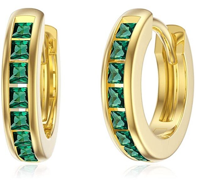 14K Gold Green Emerald Hoops Earrings for Women 11.5mm