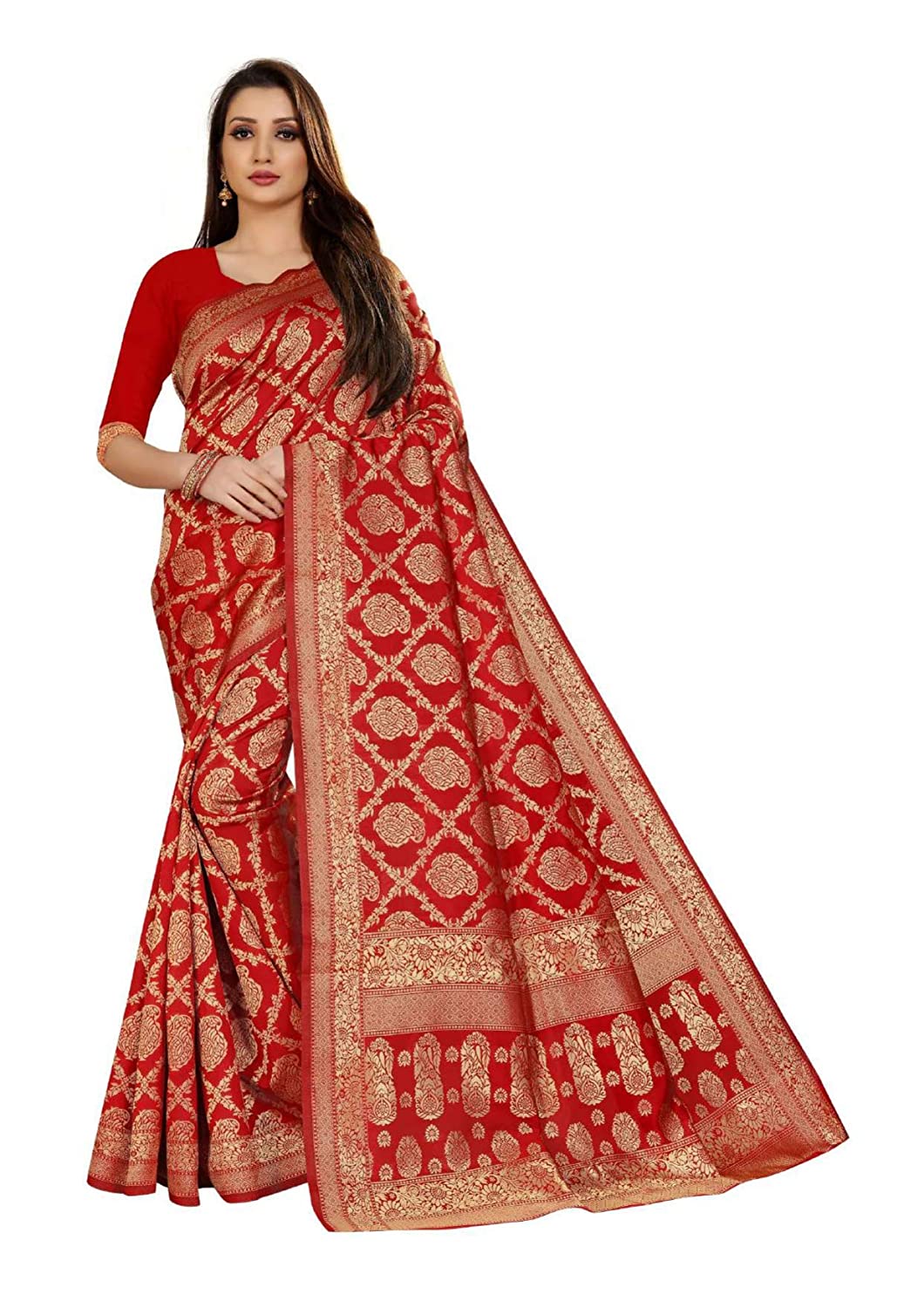 Women's Kanjivaram Saree With Blouse Piece Indian Sari Traditional Saree Wedding Dress Handmade Famous Actress Style Party Wear Free Size Ethenic Wear Clothes