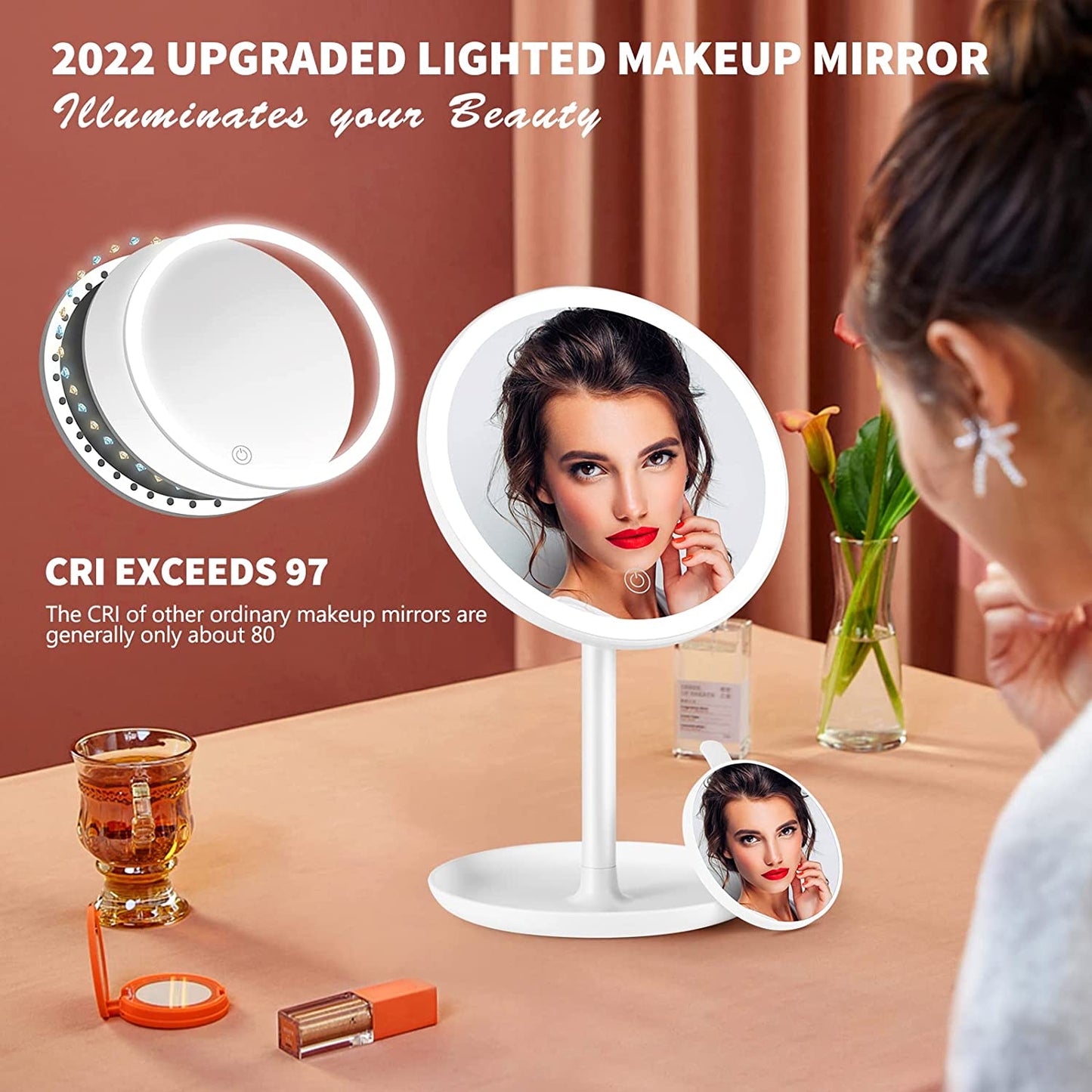 Rechargeable Lighted Makeup Mirror, 1X 10X Magnifying 50 LED Lights Vanity Mirror With Detachable Storage Tray