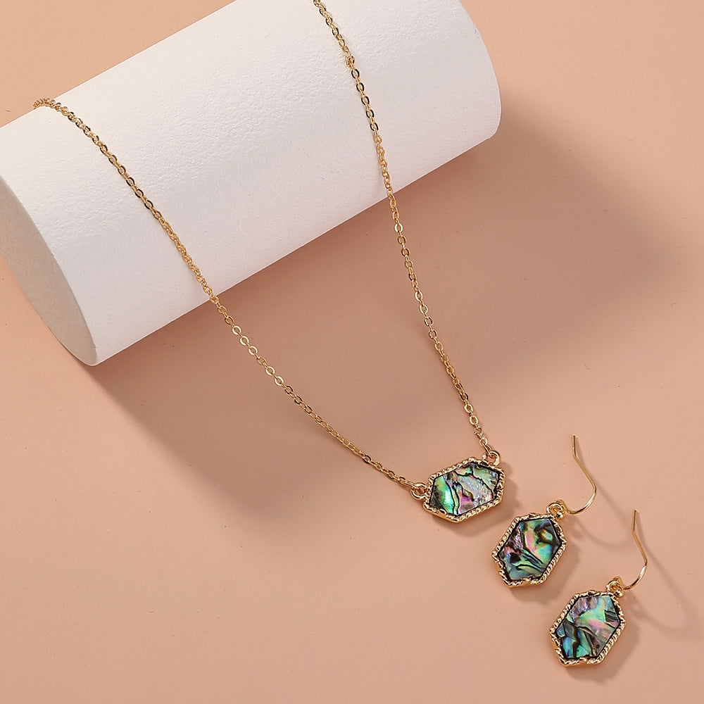 Diamond-shaped natural abalone shell necklace earrings set