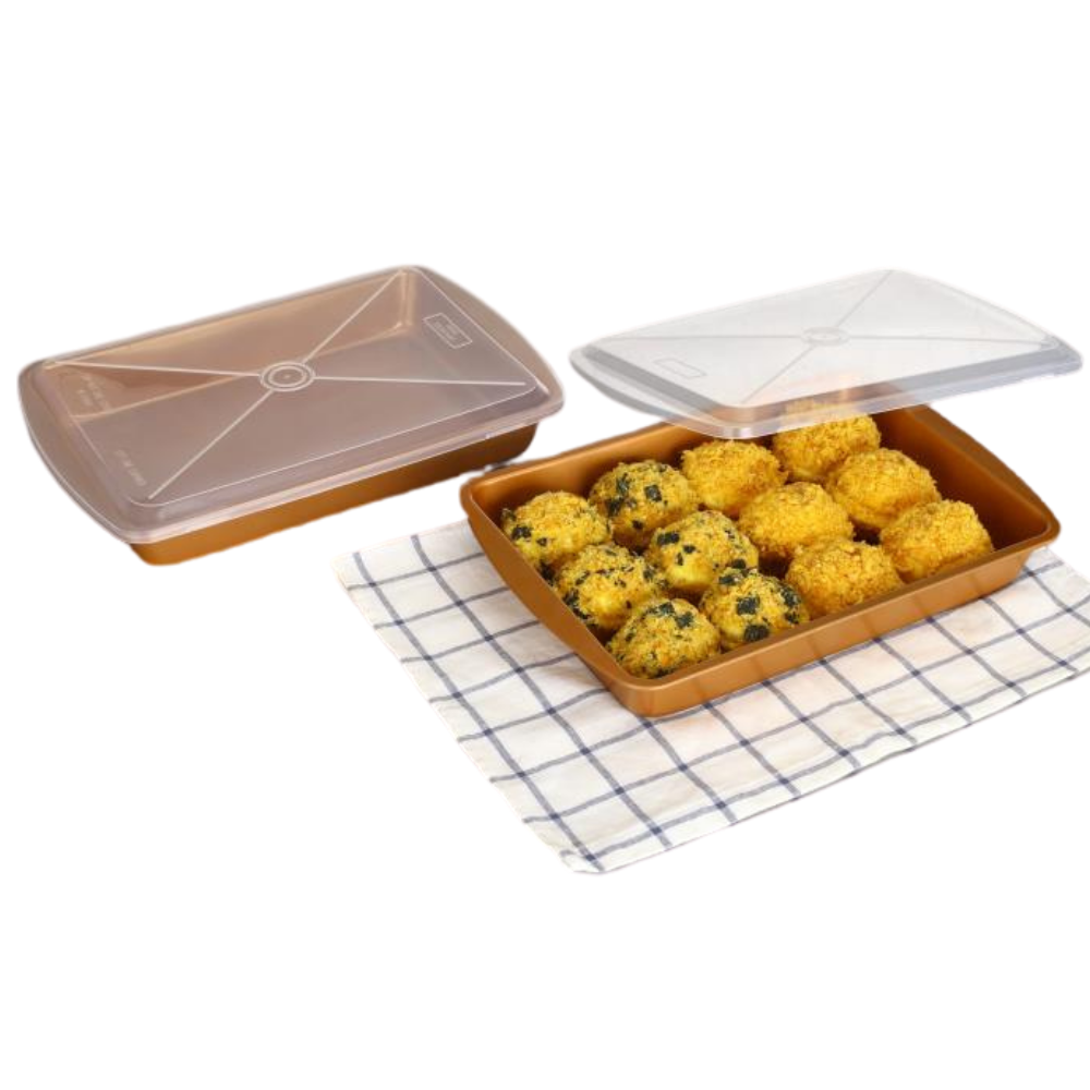 Rectangle Cake Pan With Lid - 2 Sets Toxic Free NONSTICK Baking Roasting Tray Pans With Covers - Organic Environmental Friendly Premium Coating - Durable Quality - 2 X BAKEWARE SET