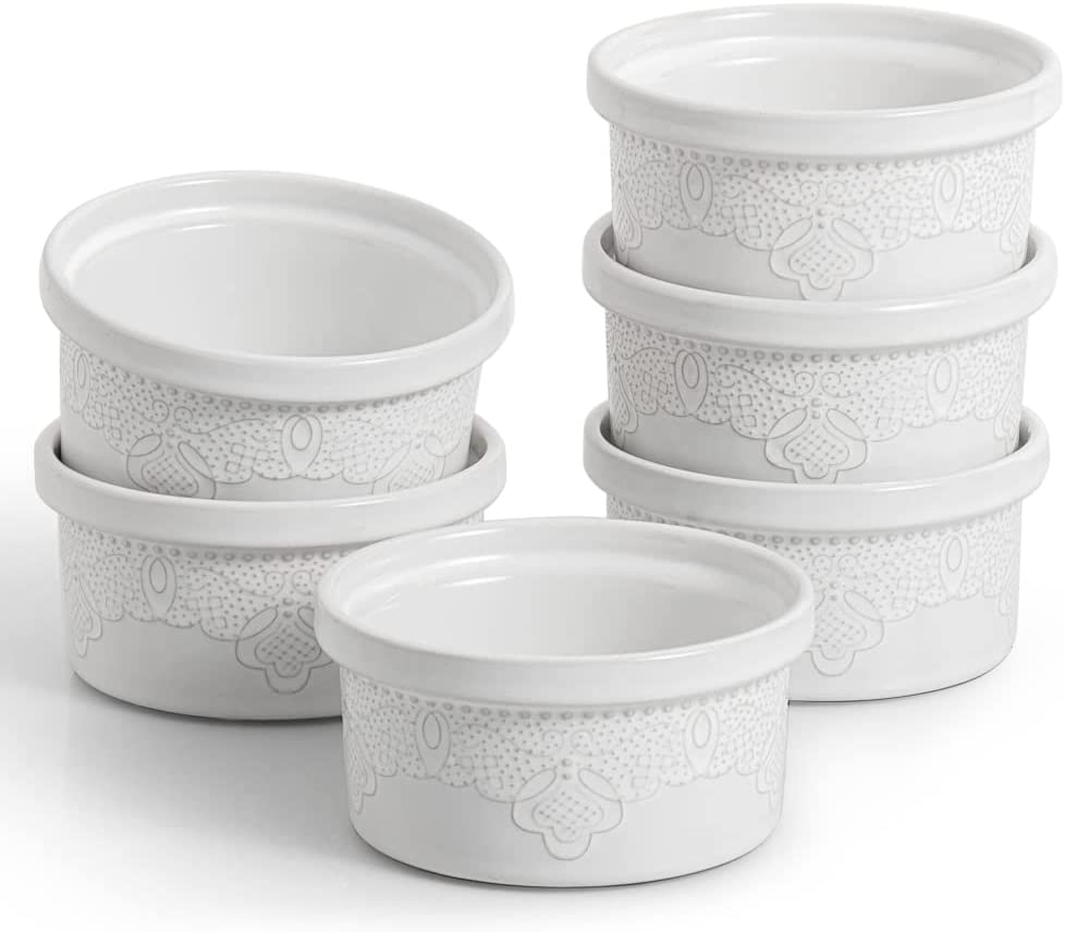 FE Ramekins, Lace Emboss Ramekin 8 Oz Oven Safe, Creme Brulee Set Of 6, Ceramic Souffle Dish For Baking Dessert And Cake