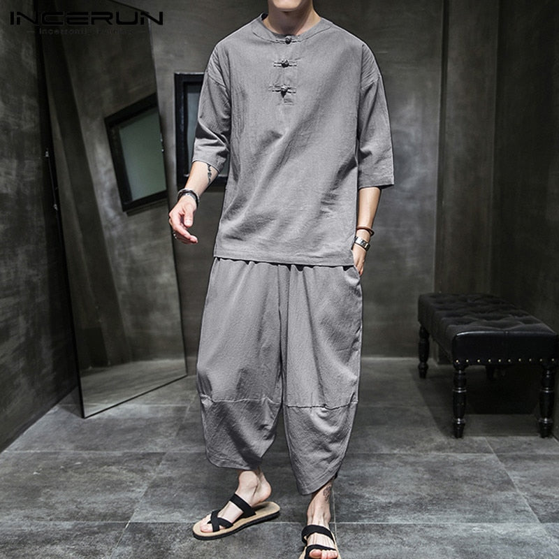 Ethnic style thin cotton and linen suit men