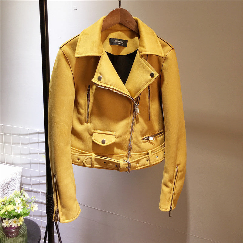 Suede leather women motorcycle leather plush fleece jacket