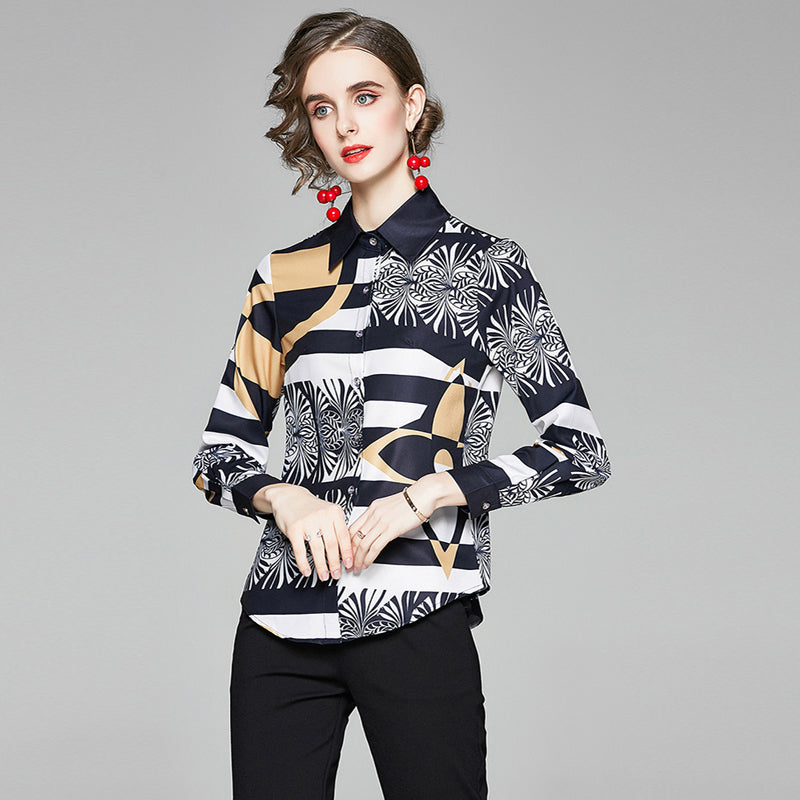 Women's Printed Slim Long-sleeved Versatile Lapel Shirt