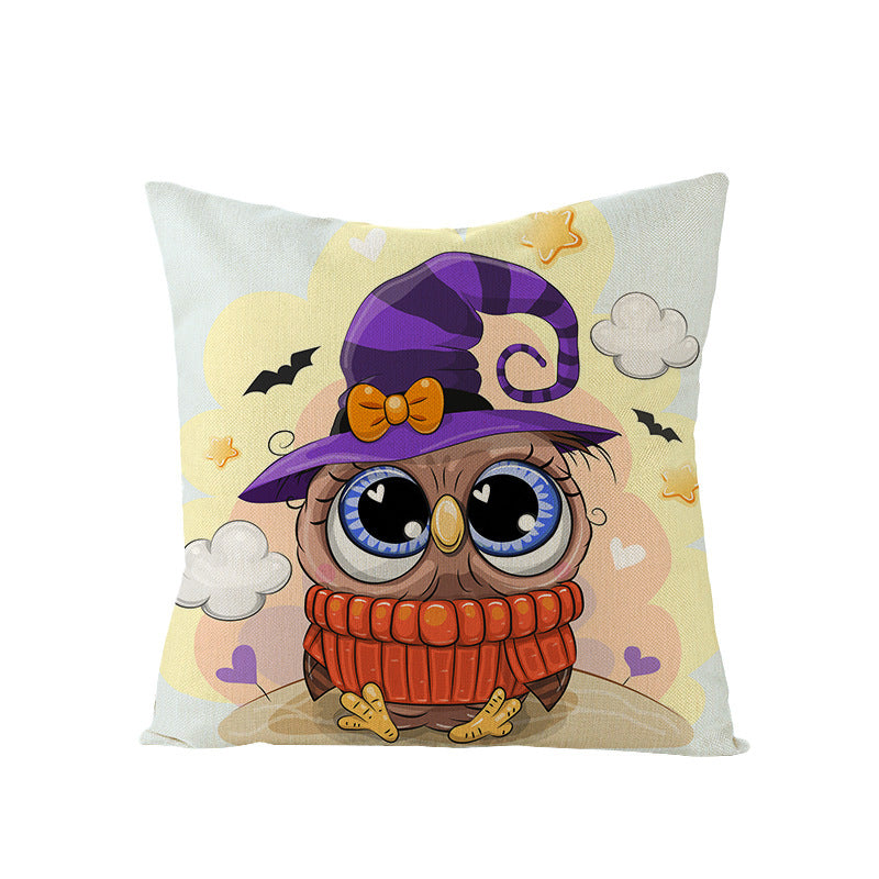 Halloween Linen Cute Cartoon Printed Kitten Pumpkin Head Pillow Cover